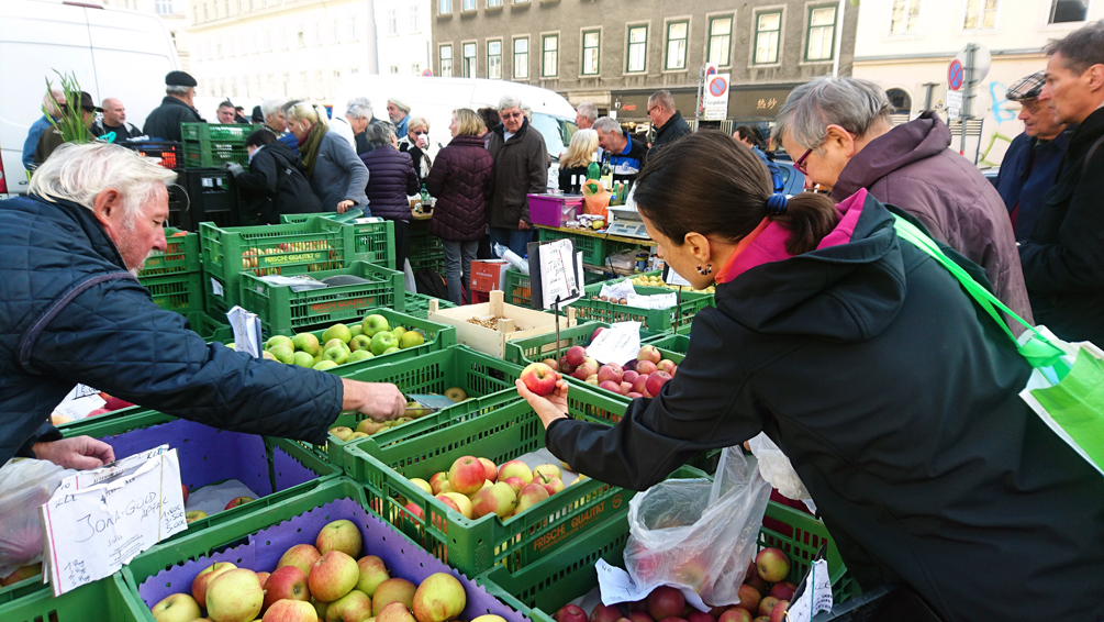 Apfelkenner_innen, Kundi_nnen beim Auswählen von Äpfeln auf dem Naschmarkt, Bild (c) Mischa Reska - kekinwien.at