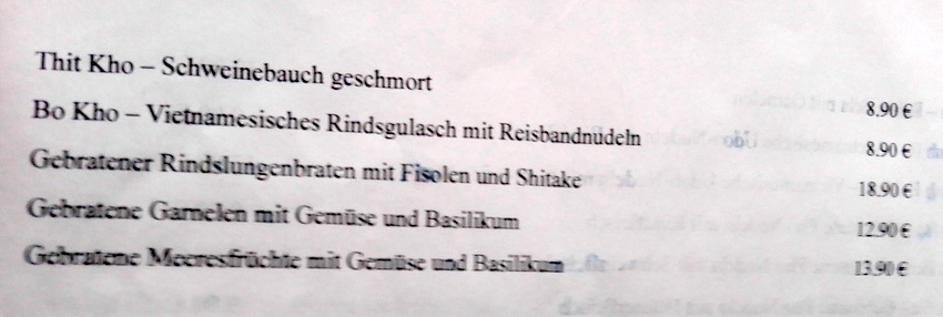Nguyen's, Auszug aus der Liste der Hauptspeisen, Bild (c) kekinwien.at Nguyen's, Auszug aus der Liste der Hauptspeisen, Bild (c) kekinwien.at